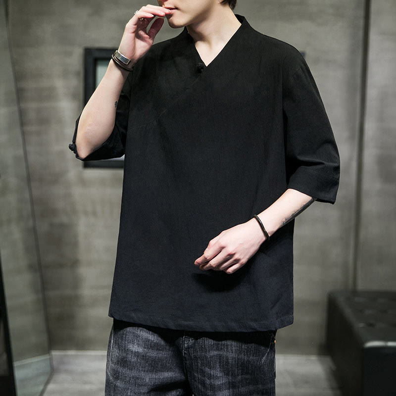 V-Neck Plain Men's Half Sleeve Cotton Shirt