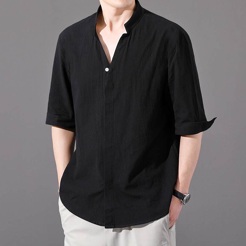 Breathable Cotton Stand Collar Half-Sleeve Mindful Shirt