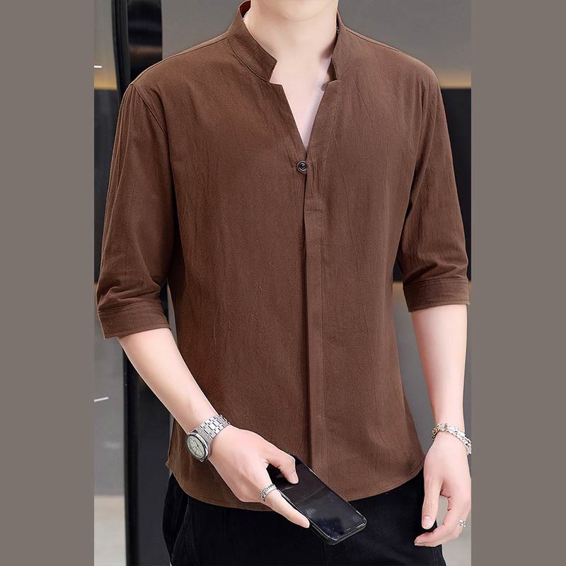 Breathable Cotton Stand Collar Half-Sleeve Mindful Shirt