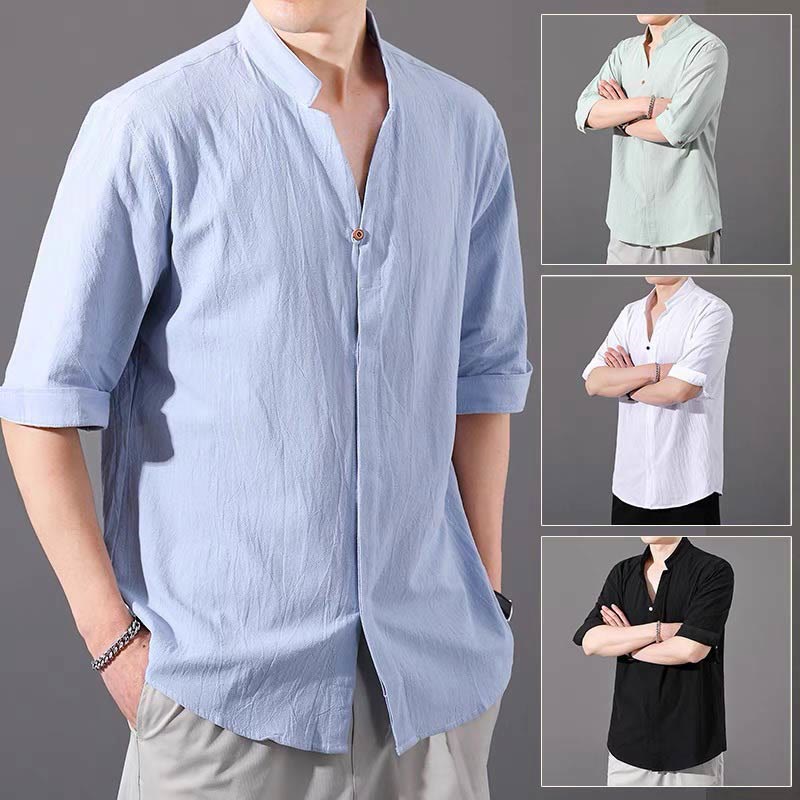 Breathable Cotton Stand Collar Half-Sleeve Mindful Shirt