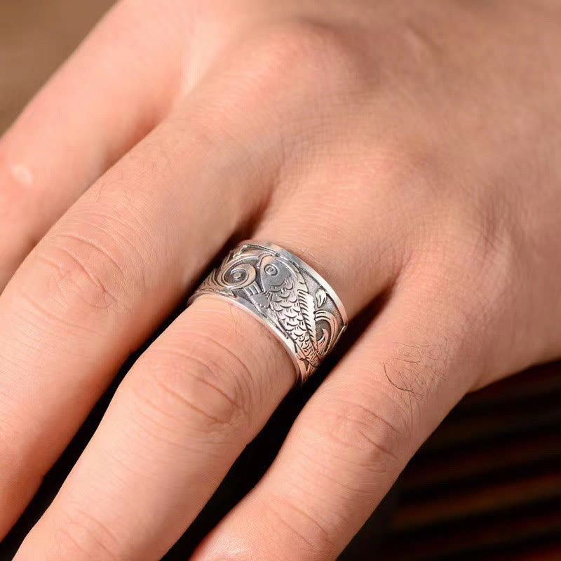 Koi Fish Heart Sutra Carved Design Luck Wealth Ring