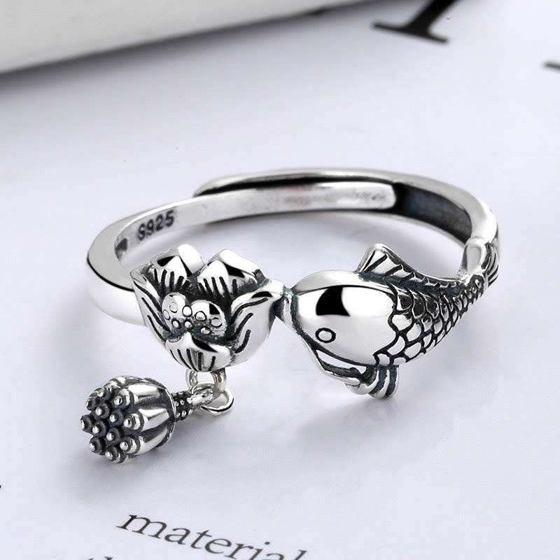 925 Sterling Silver Koi Fish Lotus Flower Success Ring
