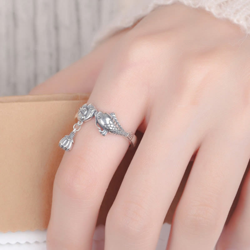 925 Sterling Silver Koi Fish Lotus Flower Success Ring