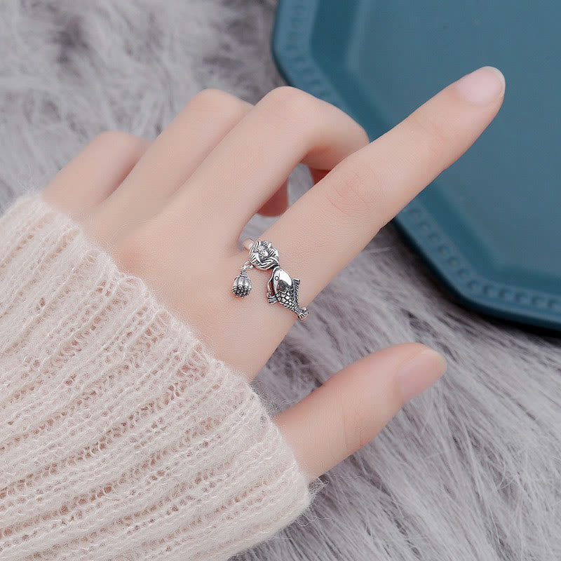 925 Sterling Silver Koi Fish Lotus Flower Success Ring