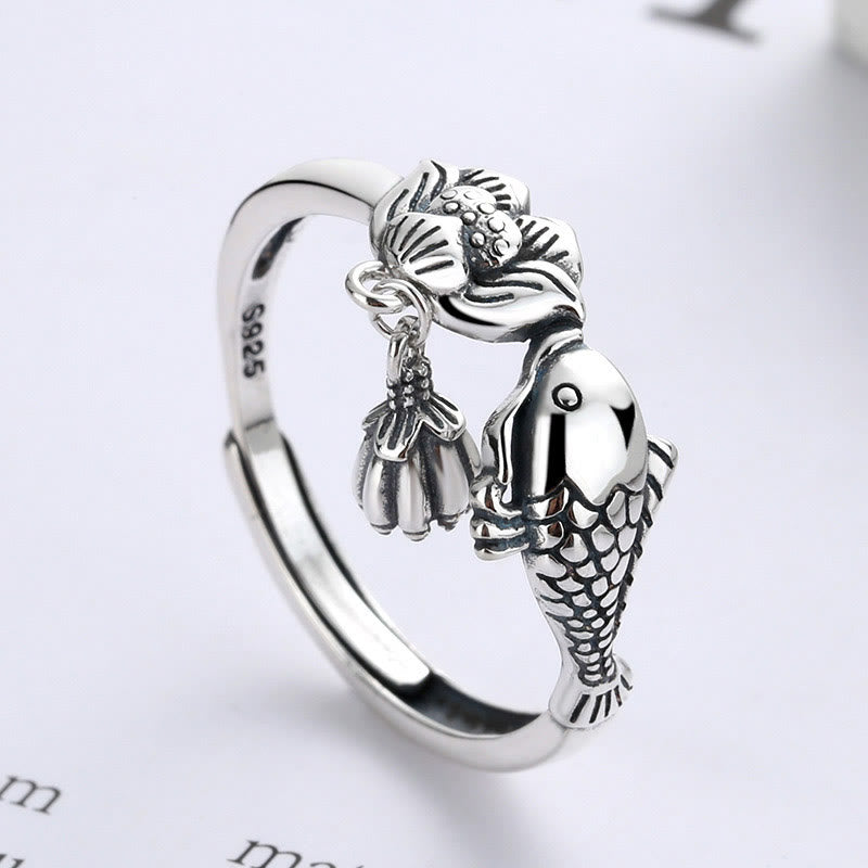 925 Sterling Silver Koi Fish Lotus Flower Success Ring