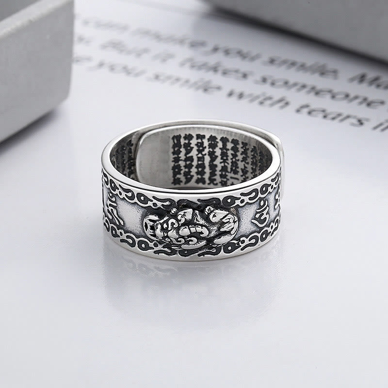 925 Sterling Silver PiXiu Scripture Carved Wealth Adjustable Ring