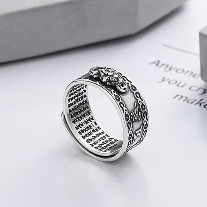 925 Sterling Silver PiXiu Scripture Carved Wealth Adjustable Ring