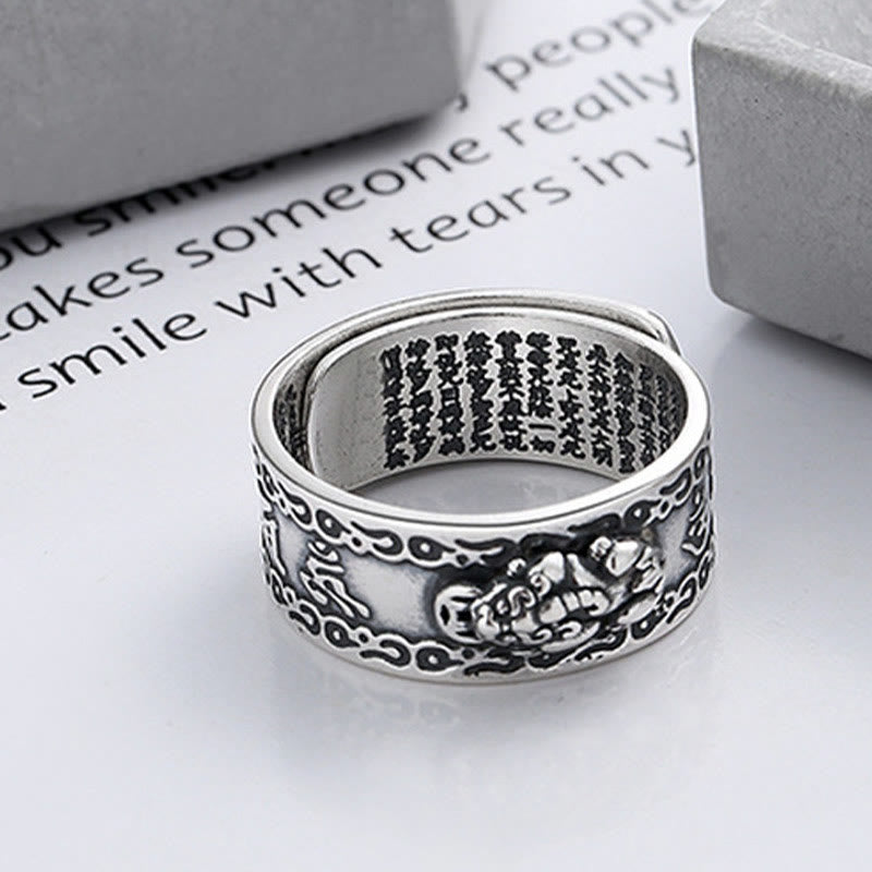 925 Sterling Silver PiXiu Scripture Carved Wealth Adjustable Ring