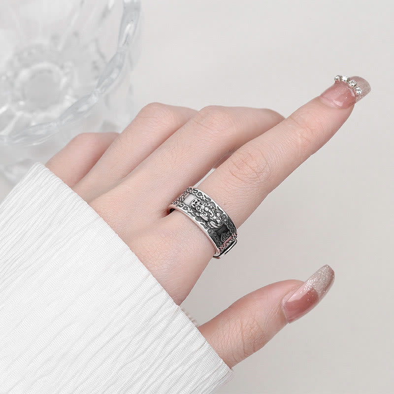 925 Sterling Silver PiXiu Scripture Carved Wealth Adjustable Ring