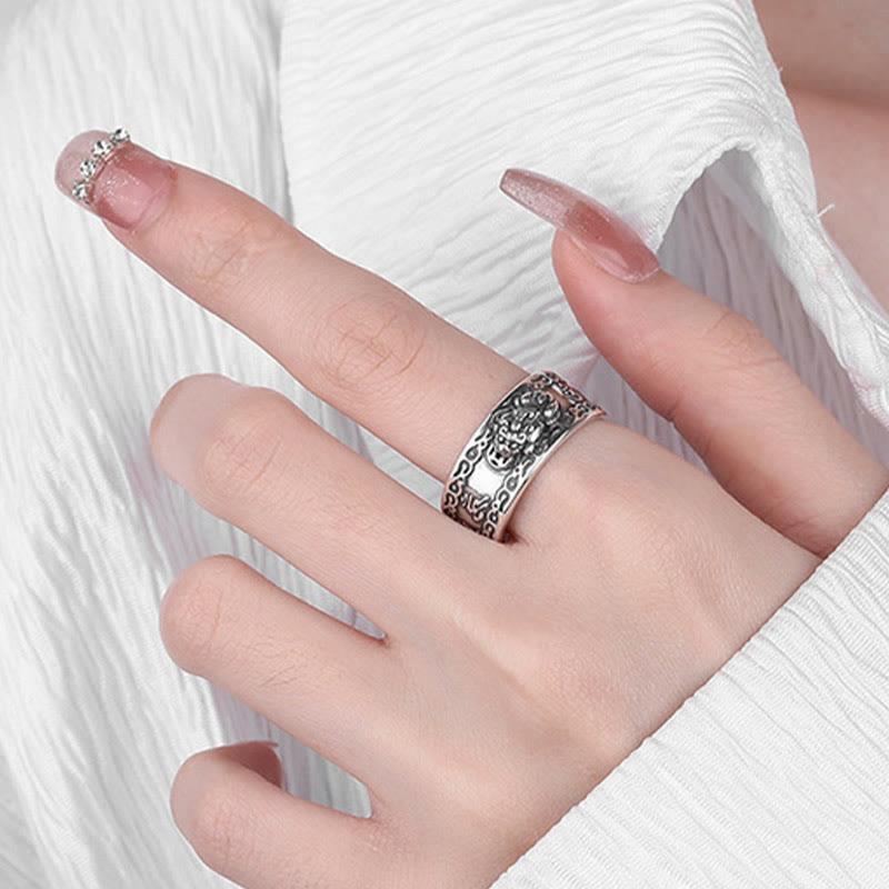 925 Sterling Silver PiXiu Scripture Carved Wealth Adjustable Ring