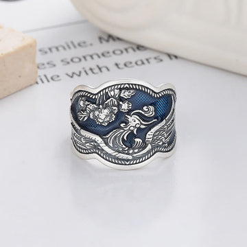 Intricate 925 Sterling Silver Phoenix and Peony Carved Adjustable Ring