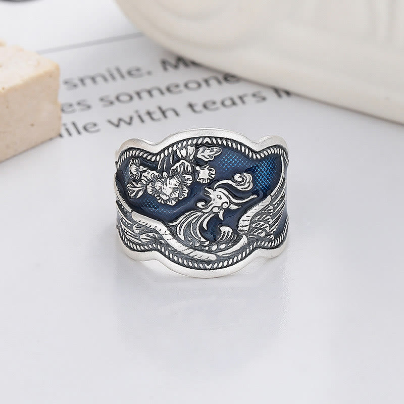 Intricate 925 Sterling Silver Phoenix and Peony Carved Adjustable Ring