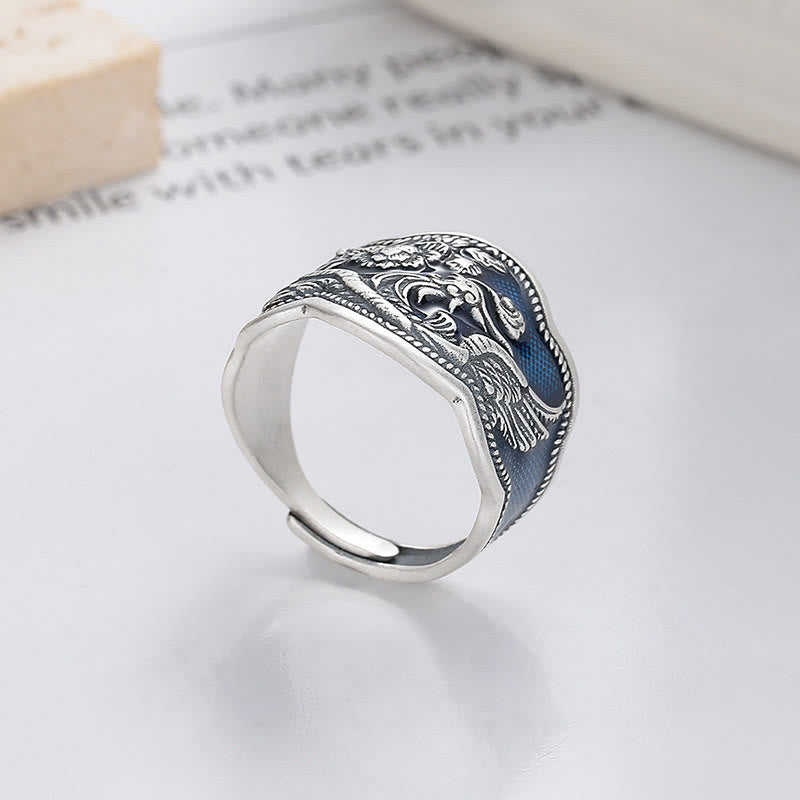 Intricate 925 Sterling Silver Phoenix and Peony Carved Adjustable Ring