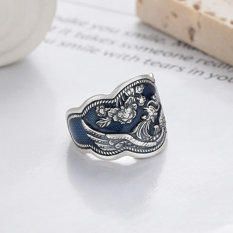 Intricate 925 Sterling Silver Phoenix and Peony Carved Adjustable Ring