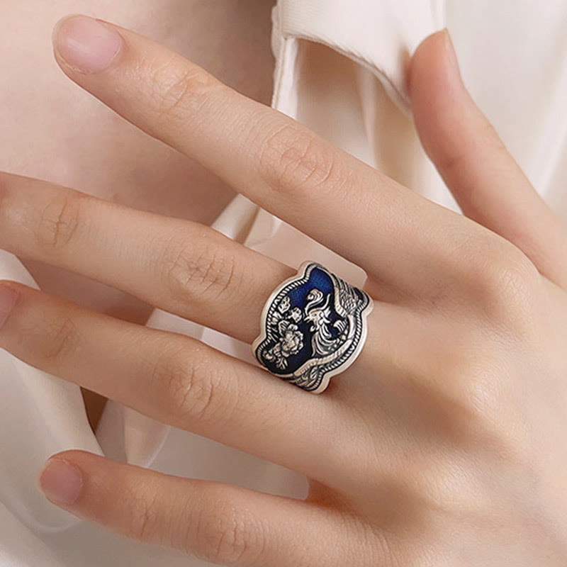 Intricate 925 Sterling Silver Phoenix and Peony Carved Adjustable Ring
