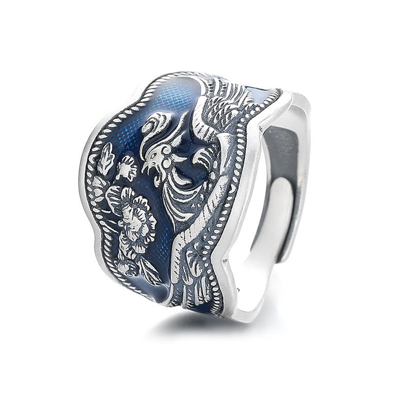Intricate 925 Sterling Silver Phoenix and Peony Carved Adjustable Ring