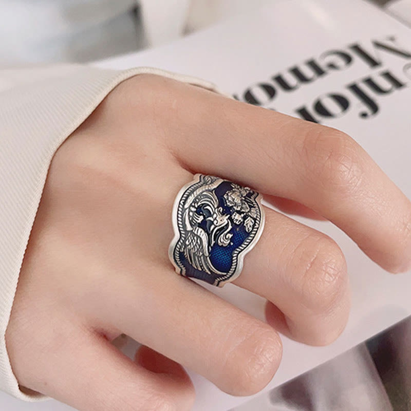 Intricate 925 Sterling Silver Phoenix and Peony Carved Adjustable Ring