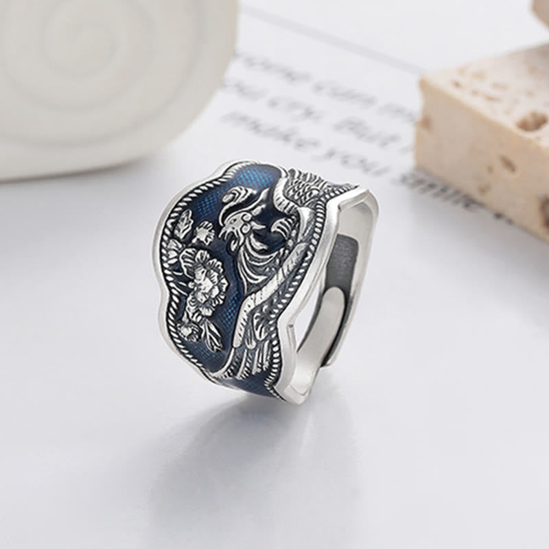 Intricate 925 Sterling Silver Phoenix and Peony Carved Adjustable Ring