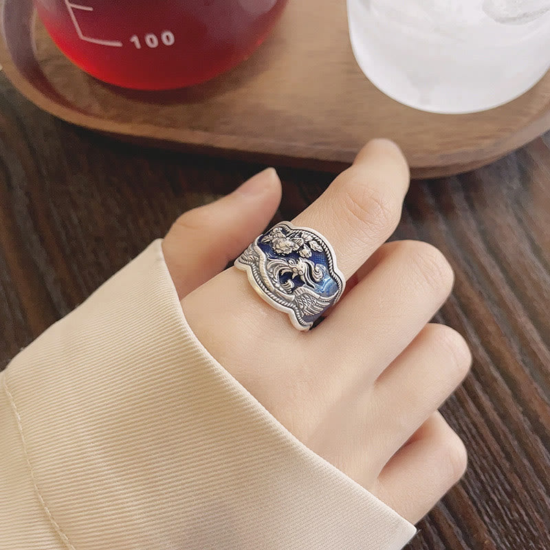 Intricate 925 Sterling Silver Phoenix and Peony Carved Adjustable Ring