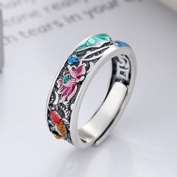 925 Sterling Silver Koi Fish and Lotus Adjustable Open Ring