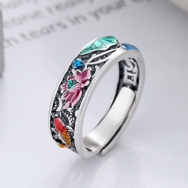 925 Sterling Silver Koi Fish and Lotus Adjustable Open Ring