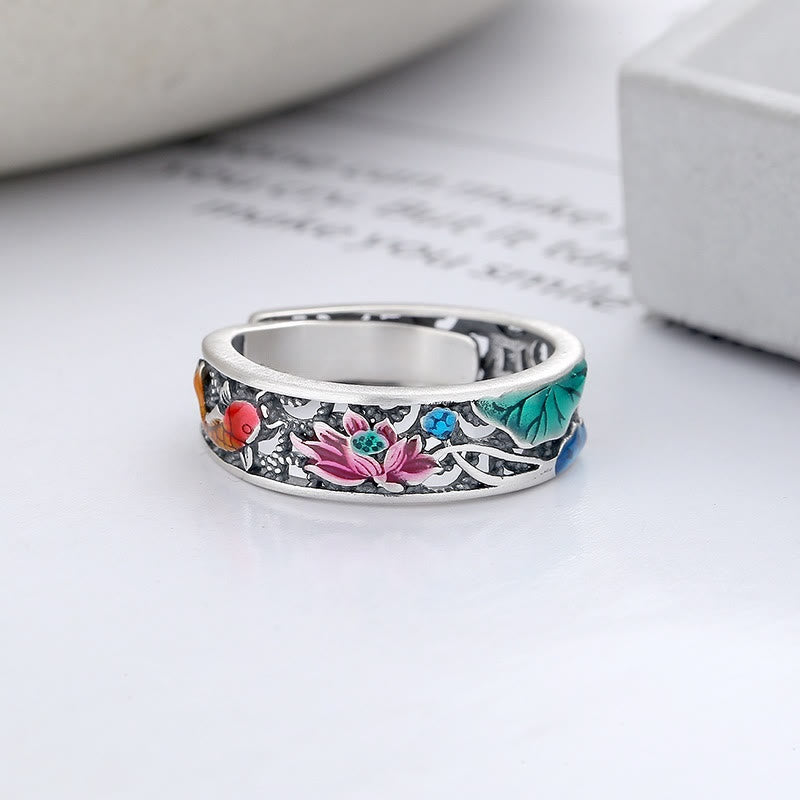925 Sterling Silver Koi Fish and Lotus Adjustable Open Ring