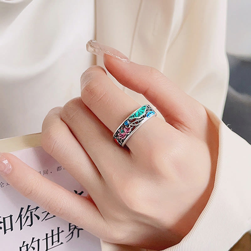 925 Sterling Silver Koi Fish and Lotus Adjustable Open Ring