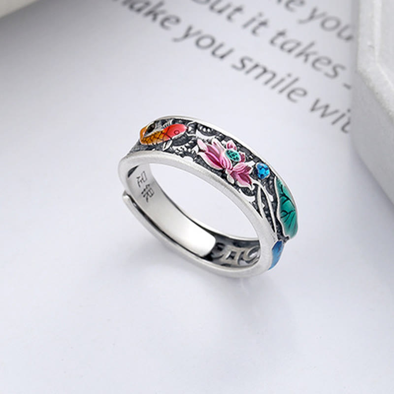 925 Sterling Silver Koi Fish and Lotus Adjustable Open Ring