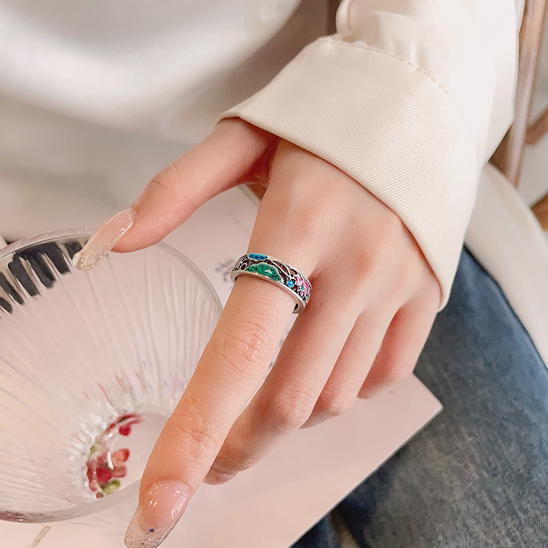 925 Sterling Silver Koi Fish and Lotus Adjustable Open Ring