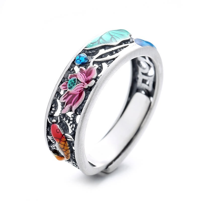 925 Sterling Silver Koi Fish and Lotus Adjustable Open Ring