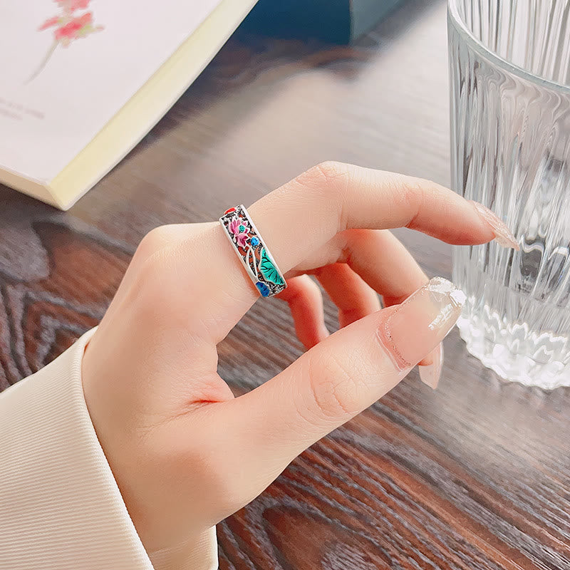 925 Sterling Silver Koi Fish and Lotus Adjustable Open Ring