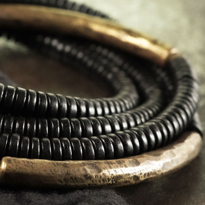 Tibetan Ebony Wood Beads Copper Peace Multilayered Bracelet