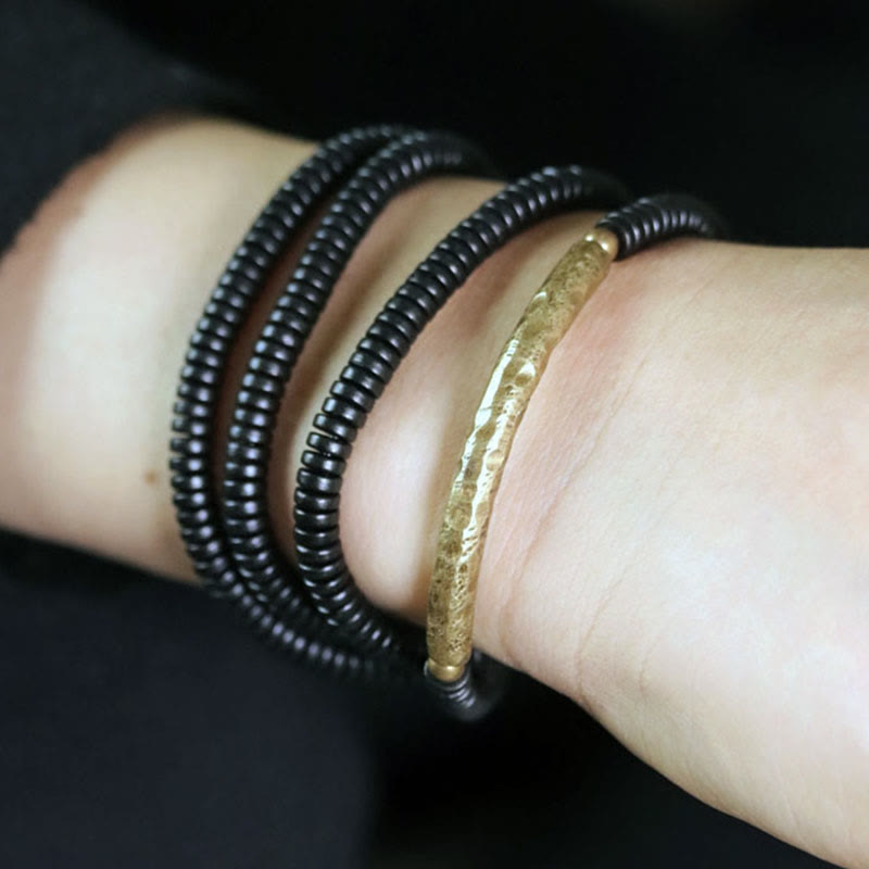 Tibetan Ebony Wood Beads Copper Peace Multilayered Bracelet