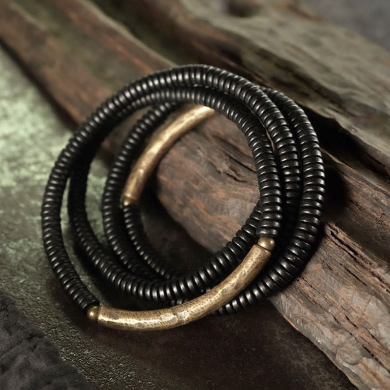 Tibetan Ebony Wood Beads Copper Peace Multilayered Bracelet