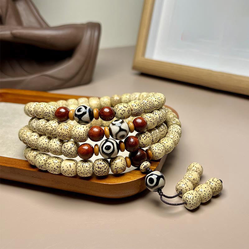 108 Natural Bodhi Seed and Sandalwood Mala Bracelet with Dzi Bead