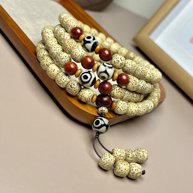 108 Natural Bodhi Seed and Sandalwood Mala Bracelet with Dzi Bead