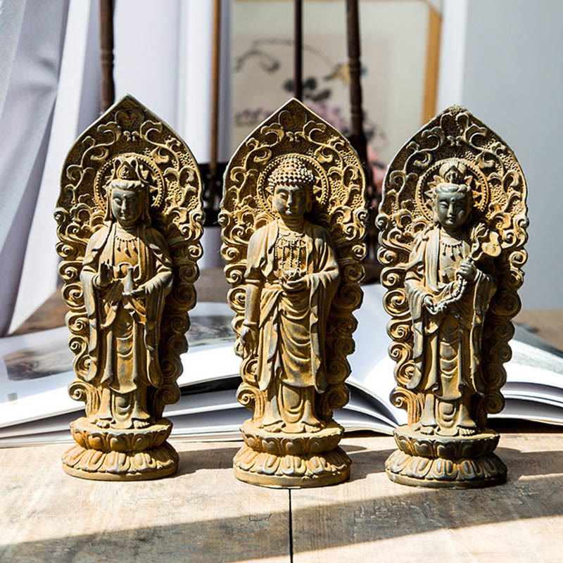 Handmade Amitabha Guanyin Avalokitesvara Mahasthamaprapta Iron Powder Rust Cast Resin Statue Decoration