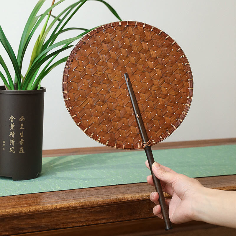 Vintage Chinese Style Handmade Round Octagonal Shaped Bamboo Long Handle Fan