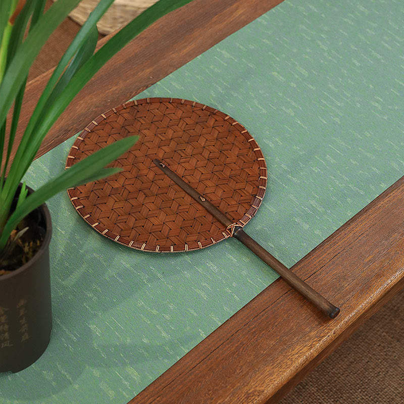 Vintage Chinese Style Handmade Round Octagonal Shaped Bamboo Long Handle Fan