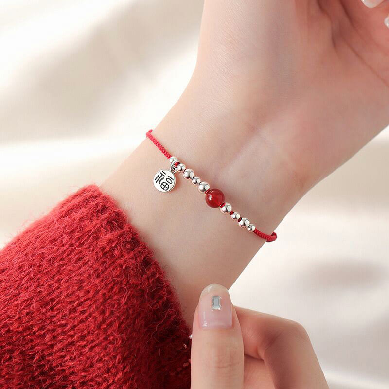 Handmade Ultra-Thin Braided Red String Bracelet with Red Agate & 925 Sterling Silver Fu Symbol