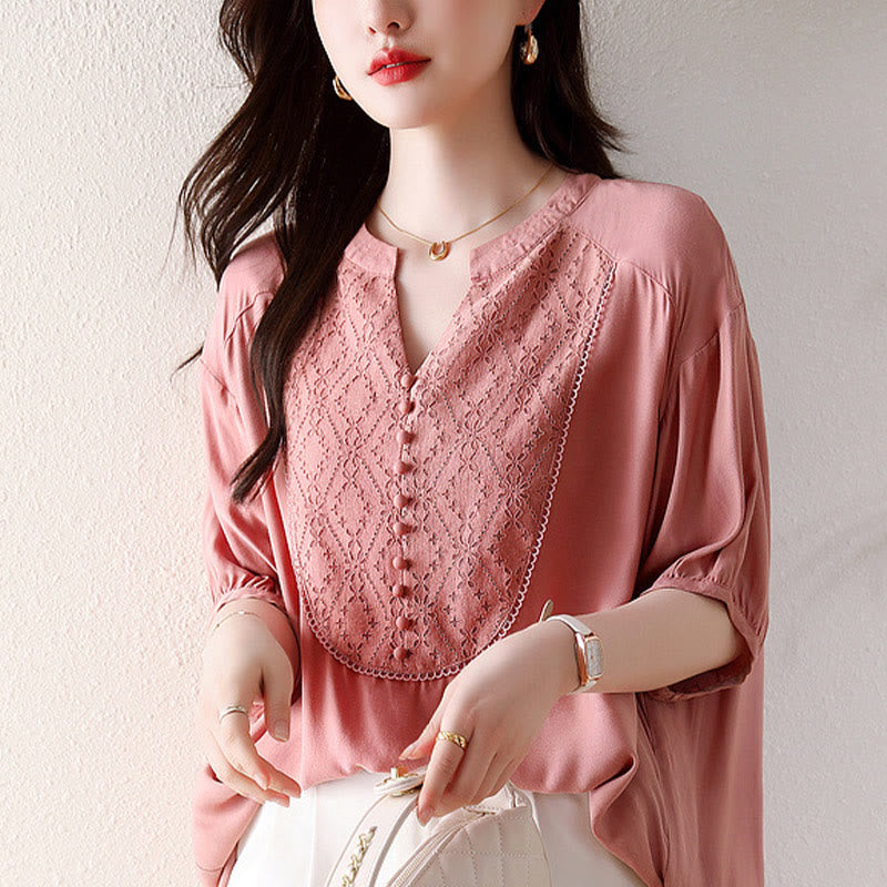 V-Neck Pink Buttons Design Half Sleeve T-shirt Tee