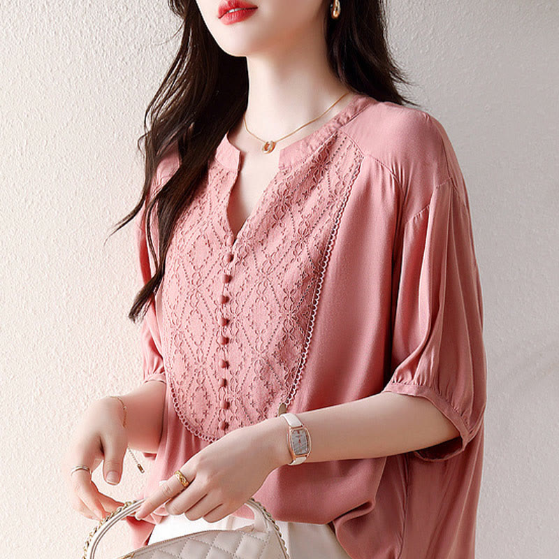 V-Neck Pink Buttons Design Half Sleeve T-shirt Tee