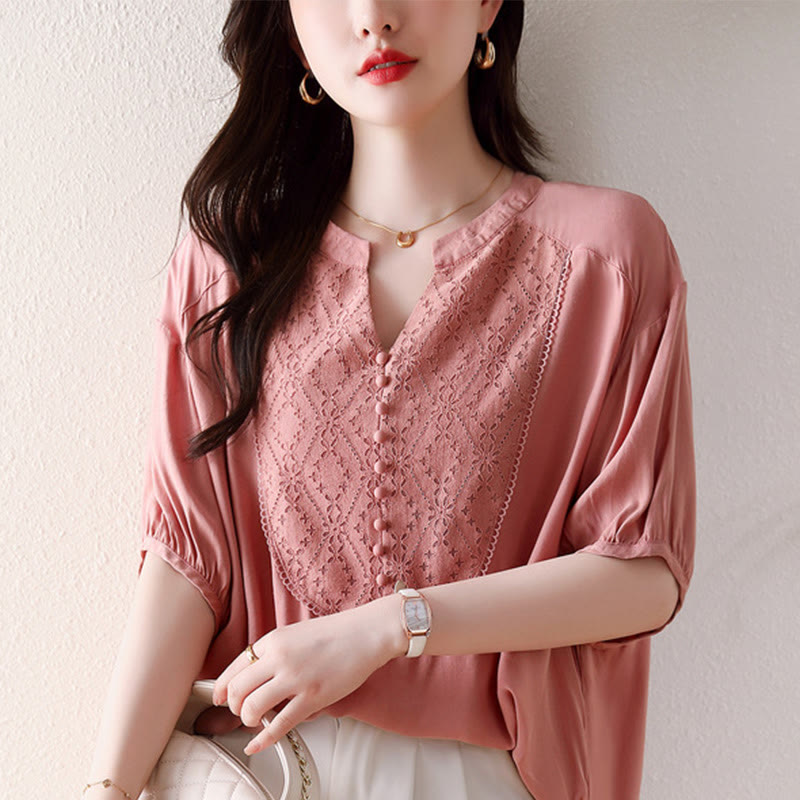 V-Neck Pink Buttons Design Half Sleeve T-shirt Tee