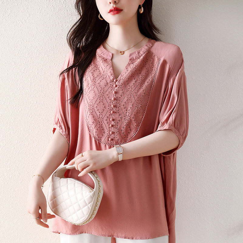 V-Neck Pink Buttons Design Half Sleeve T-shirt Tee