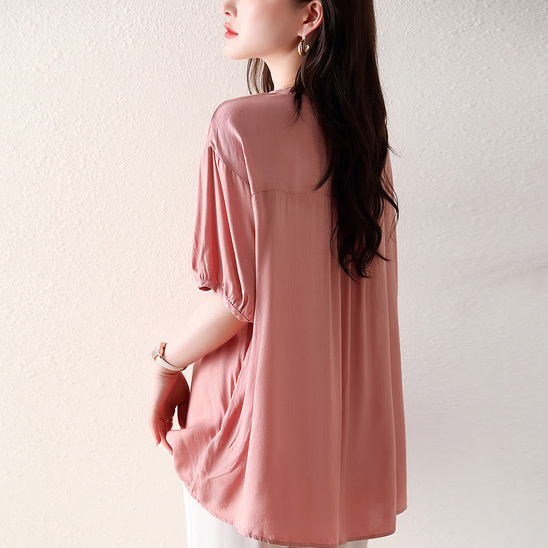 V-Neck Pink Buttons Design Half Sleeve T-shirt Tee