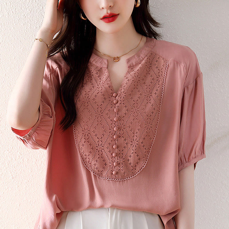 V-Neck Pink Buttons Design Half Sleeve T-shirt Tee