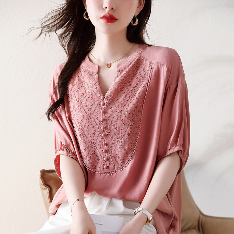 V-Neck Pink Buttons Design Half Sleeve T-shirt Tee