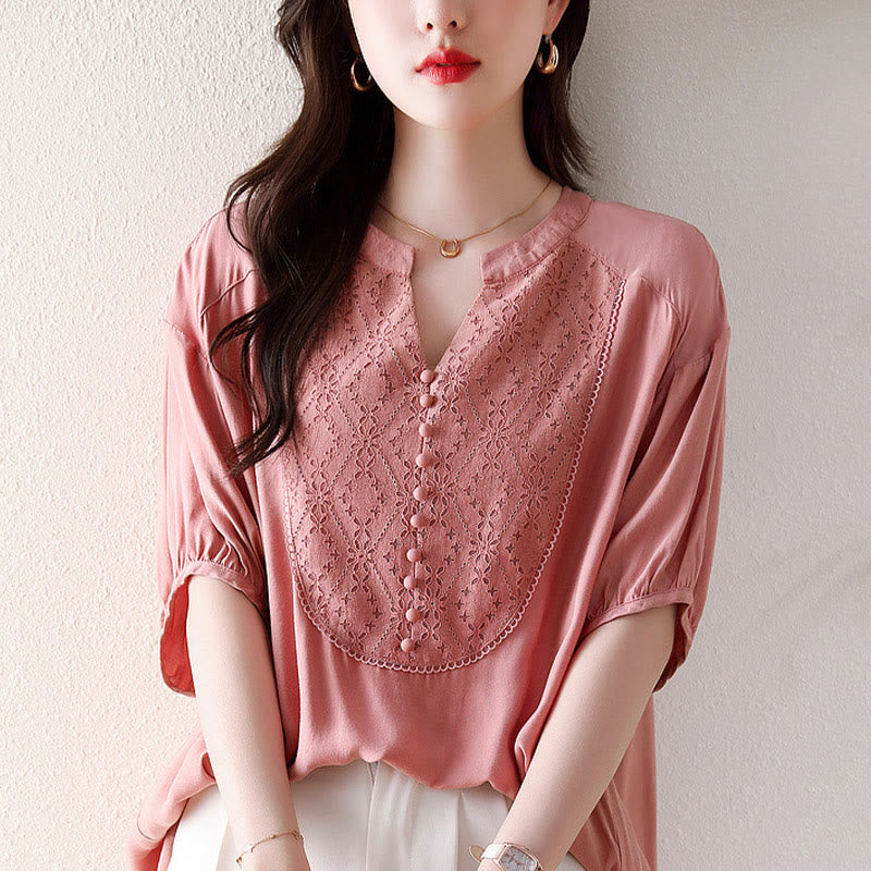 V-Neck Pink Buttons Design Half Sleeve T-shirt Tee