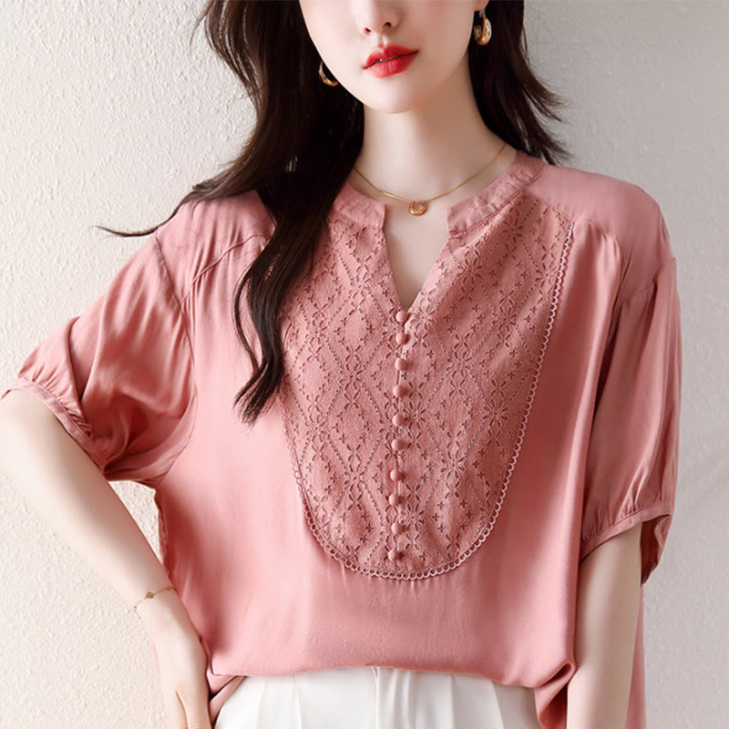 V-Neck Pink Buttons Design Half Sleeve T-shirt Tee