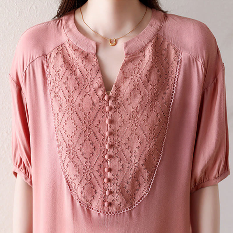 V-Neck Pink Buttons Design Half Sleeve T-shirt Tee